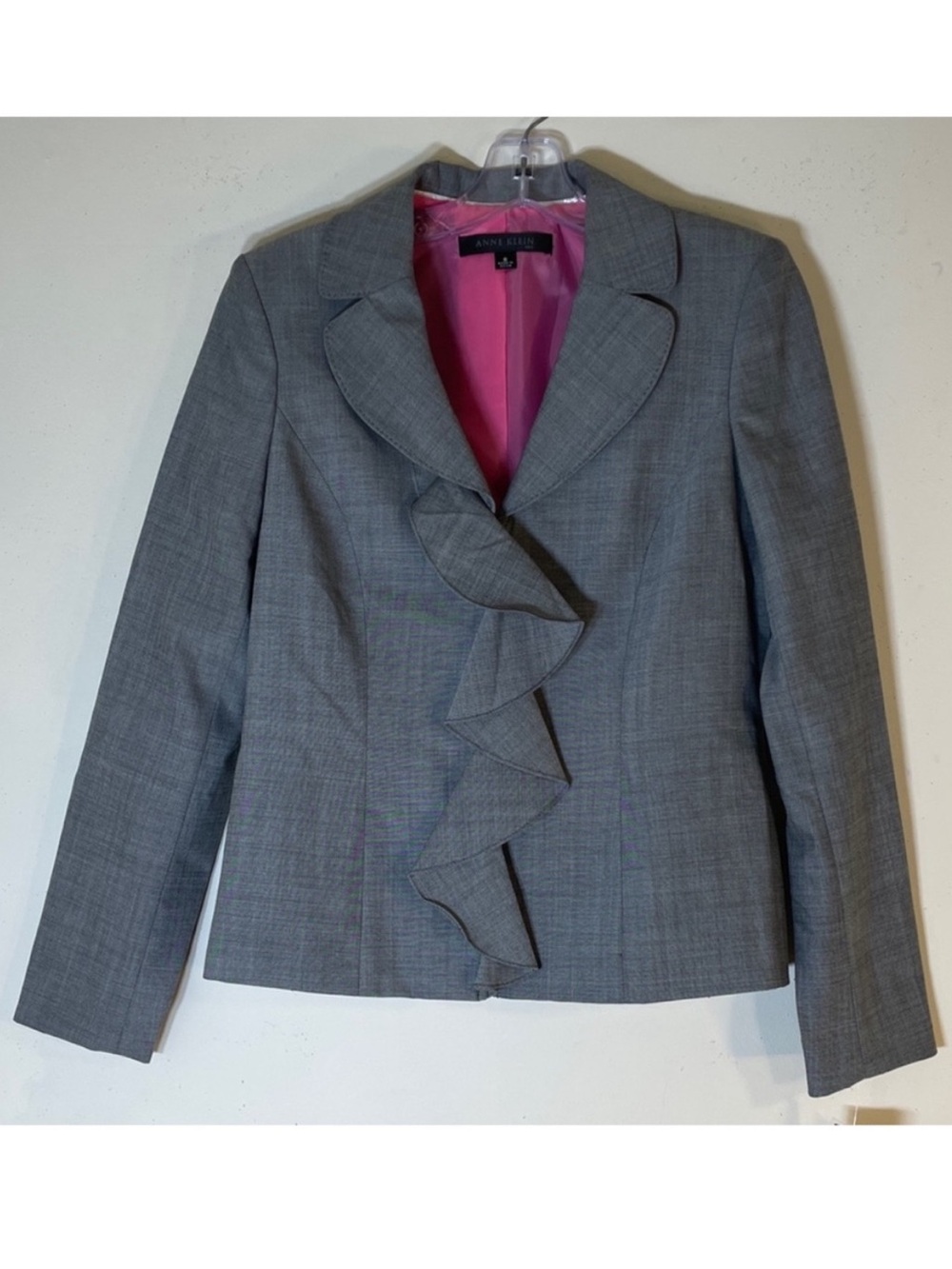 Anne Klein Gray Blazer with Pink Lining and Ruffle Front